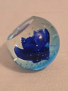 Art Glass Paperweight Cobalt Blue Flower Cut Out Window Controlled Bubbles 3" - Picture 1 of 24