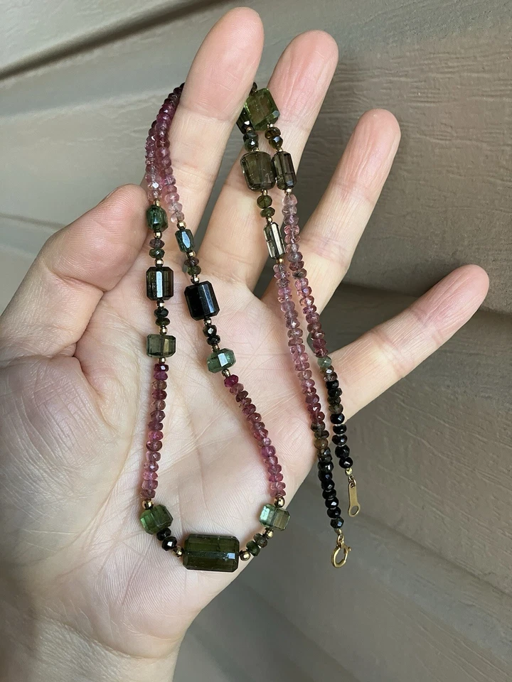 "Collar de cuentas turmalina multicolor oro amarillo 18k 22""" Foto 1 de 4