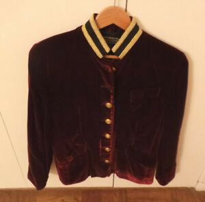 J McLauglin Plush Burgundy Velvet Blazer jacket Black w Gold Trim Size 10 VG