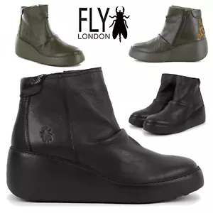 Womens Fly London Dabe461FLY Leather Ankle Boot Wedge Heel Black, Green Size - Picture 1 of 12