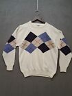 Vintage Pringle Scotland Mens Sweater L Argyle Color Block Golf Patch White Blue