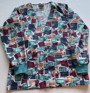 Scrub Top “Landau” Size Small Long Sleeve Button Down Colorful Geometric Pattern - Picture 1 of 4