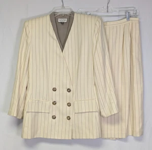 Kasper ASL 3 pc Skirt Suit Size 10 Ivory Pinstripe Double Breasted Blazer Top - Picture 1 of 22