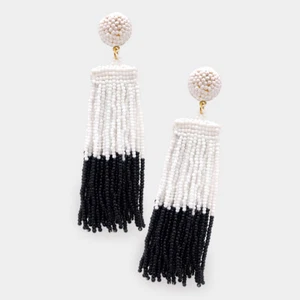 NEW Black & White Two Tone Color Block Seed Bead Tassel Drop Dangle Earrings  - Picture 1 of 1