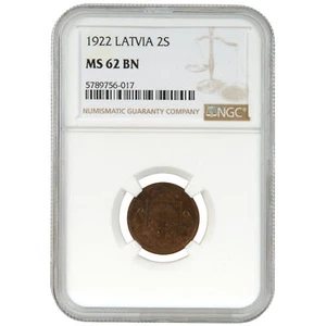 Coin in NGC slab "2 santimi 1922, Latvia, MS 62 BN" - Picture 1 of 2