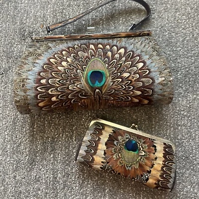 Cartera sin asas pluma de pavo real años 60 bolso de mano con billetera a juego vintage SIN USAR Foto 1 de 4