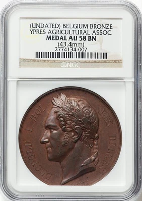Bélgica - Leopoldo I bronce "Asociación Agrícola Ypres" Medalla NGC AU58 BN Foto 1 de 2
