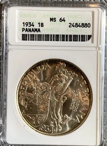 1934 PANAMA SILBERMÜNZE BALBOA ANACS MS64, SUPER JUWEL!!! - Bild 1 von 4