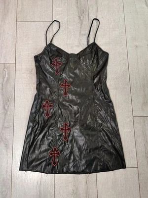 V-Neck Faux Leather Mini Bodycon Dress Size Large Black - Image 1 of 4