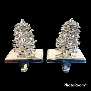 Pair Silver Tone Pine Cone Stocking Holder Christmas Fireplace Hooks Heavy Duty - Picture 1 of 8