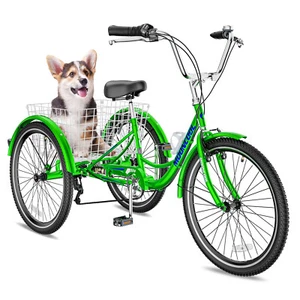 NAIZEA Adults Green Tricycle 7 Speed 24 inch 3Wheel Bicycle Cruise Trike Basket - Picture 1 of 12