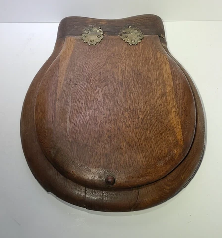 Antique Victorian Elongated OAK SEAT w Brass Hinges for Wall Mounted Tank Toilet Cover