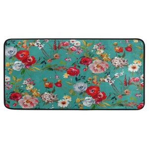 Flower Bunch Teal Green Kitchen Rug Anti Fatigue Kitchen Mats Non Skid Washab... - Picture 1 of 7