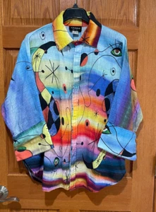 DILEMMA New York One Size Art To Wear Abstract Button Eye Colorful Shirt Top NEW - Imagen 1 de 4
