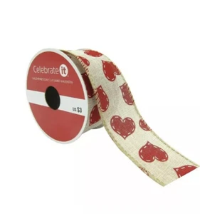 Celebrate It 1.5" Faux Lined Wired Ribbon Red Stitched Hearts Crafts New  - Picture 1 of 2