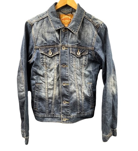 VETEMENTS Giacca denim cammello rosso uomo blu medio jeans invecchiato biker Y2K cappotto tasche