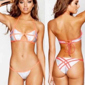 NWT Beach Bunny Blade Runner Holographic Silver Coral Bikini Top XS Bottom S Set - Picture 1 of 8