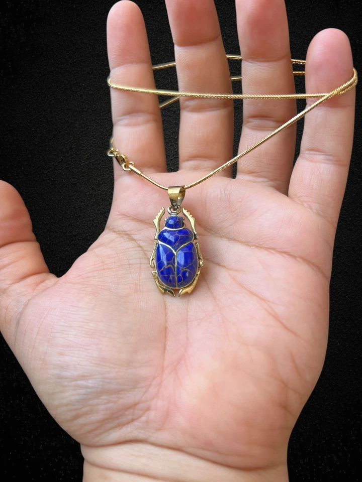 Blue Scarab Pendant Necklace Ancient Egyptian Amulet Lapis Blue Beetle Charm - Image 1 of 4