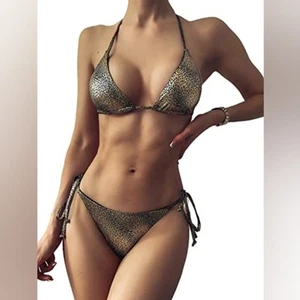 Gold Leopard Print Triangle String Bikini Metallic Side Tie Sexy 109 Size L - Picture 1 of 7