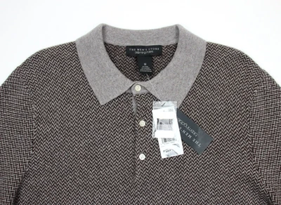 The Mens Store Polo Sweater M Grey Brown Herringbone Wool Cashmere Bloomingdales - Image 1 of 4