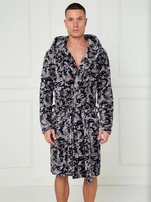 SHOWSTOPPERS Herren Camouflage Sherpa Fleece Morgenmantel Nachtwäsche Kleid Bademantel Gr. S M L XL Grau