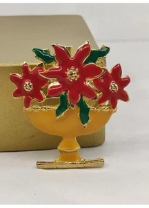 Classy Red And Gold Tone Enamel Flower In A Pot Brooch - Picture 1 of 3