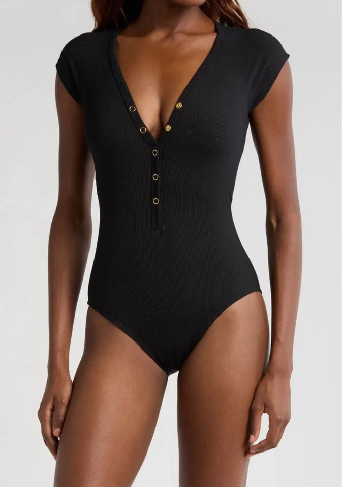 Robin Piccone Amy Raglan Sleeve One-Piece Swimsuit, Licorice (black) 14, $178 - Image 1 of 4