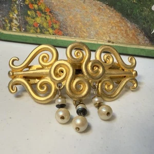 Vintage Deborah Rhodes Mocha Hair Clip Barrette Gold with Faux Pearls FRANCE - Picture 1 of 4