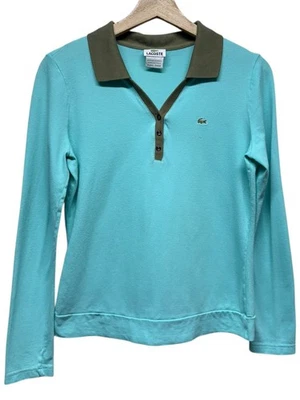 Lacoste Polo Shirt Womens Sz 42 Large Long Sleeve Blue Green Pique Cotton Preppy - Image 1 of 4