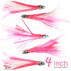 5pcs 4" mini tuna feather 1/2oz Bullet chrome Head Trolling lure squid PinkWhite - Picture 1 of 6