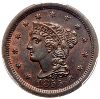 1855 N-12 R-1 PCGS MS 65 BN CAC Upright 55 Braided Hair Large Cent Coin 1c - Image 1 of 3