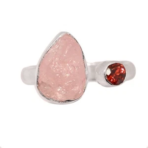 Natural Rose Quartz Rough & Garnet 925 Sterling Silver Ring Jewelry s.7 CR73722 - Picture 1 of 1