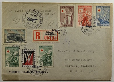 Finlandia 1947 Primer Vuelo Registrado Correo Aéreo Cubierta Helsinki a Chicago Vía Nueva York Foto 1 de 2