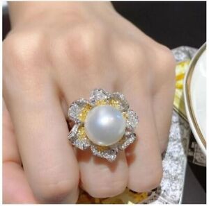 Gorgeous Huge AAA 12-13mm Genuine Natural South Sea White Stud Pearl Ring 925S