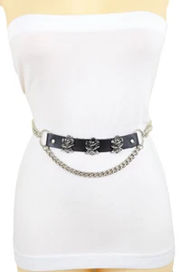 Women Silver Metal Chain Hip High Waist Belt Rose Flower Charms Plus Size XL XXL - Picture 1 of 24