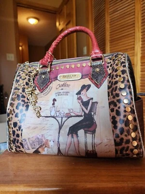 Nicole Lee USA Purse Bag Coffee Charm Red Yellow Leopard Print Gold Hardware - Image 1 of 4