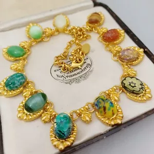 Vintage Shades of Green & Yellow Glass Cabochons Brushed Gold Collar Necklace - Picture 1 of 3