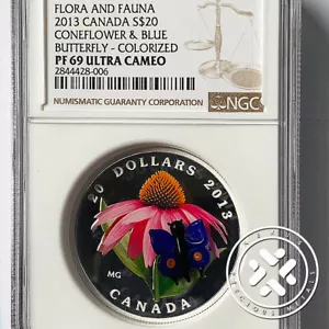 2013 Canada NGC PF 69 Ultra Cameo $20 Coneflower Blue Butterfly 1 oz Silver Coin - Picture 1 of 5