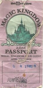 1981 First year Walt Disney World 2 Day Passport Magic Kingdom Junior string