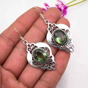 Green Amethyst Gemstone Earrings Handmade 925 Sterling Silver Women Gift Jewelry - Picture 1 of 4