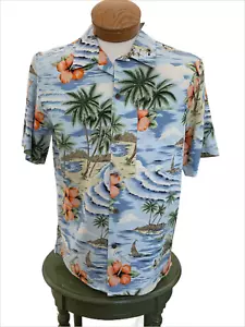 NWT $75 Pusser’s West Indies Shirt SMALL Holiday Cove Blue w Palms Silk & Cotton - Picture 1 of 8