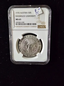 1970 AUSTRIA Innsbruck University Silver 50 Schilling Coin NGC MS65 - Picture 1 of 2