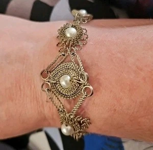 Vintage Filigree Silver Tone Bracelet Faux Pearls Flower Floral - Picture 1 of 8