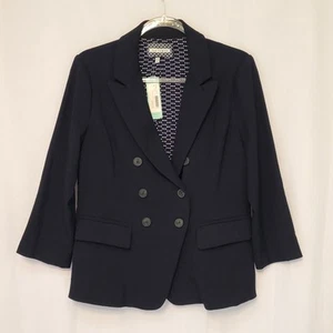 NWT Navy Maran Double Breasted 3/4 Sleeve Lined Blazer Sz M Noe Heights Preppy - Picture 1 of 6