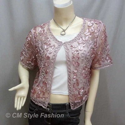 Top bolero rosa transparente para mujer con patrón de encaje ondulado y bordes festoneados L~XL Foto 1 de 4