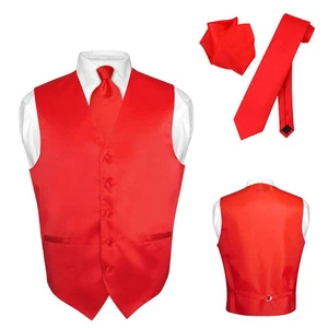 Men's Dress Vest NeckTie Hanky Solid RED Color Neck Tie Set for Suit or Tuxedo L - Imagen 1 de 4