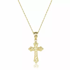 10K Massiv Gelbgold Fleur-de-Lis Kreuz Anhänger Singapur Kette Halskette Set - Bild 1 von 3