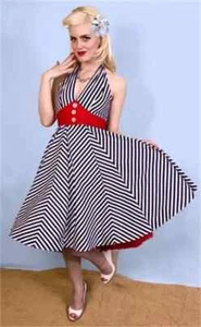 SWING DRESS size 16 UK16 - Halterneck Nautical Blue & White Stripe MISS FORTUNE - Picture 1 of 3