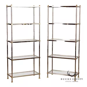 Chrome And Glass Pair Of Five Shelf Bookcase Etageres - Picture 1 of 16