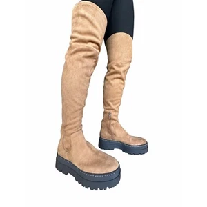 🤩$265 New 6 Women's Boots Marc Fisher LTD PHILLY Over the Knee chunky Boots Tan - Picture 1 of 16